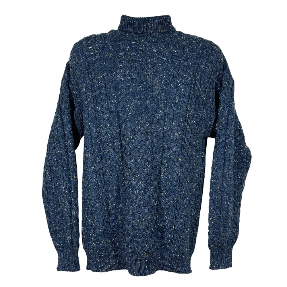 VTG Carraig Donn Cable Knit Wool Sweater Mens L Navy Marled Fisherman Turtleneck